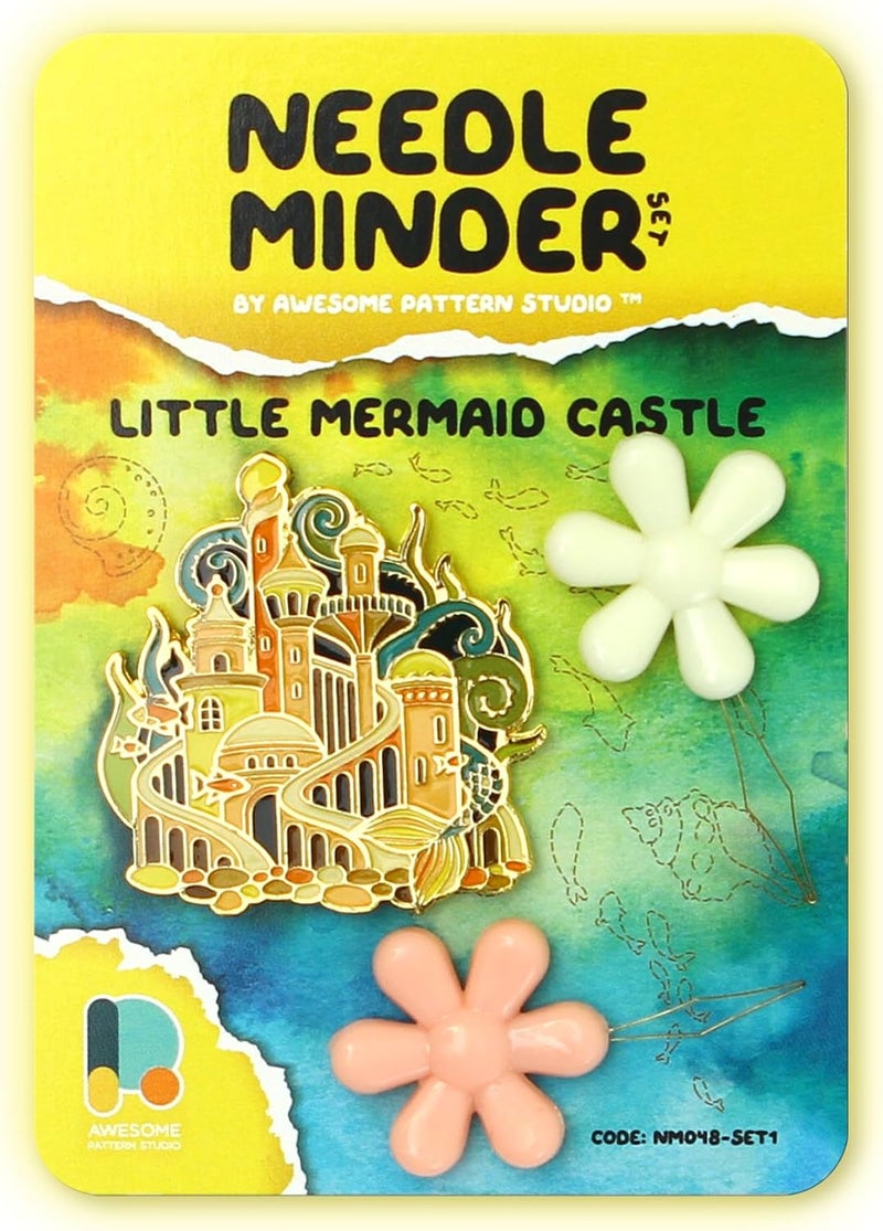 Awesome Pattern Studio Needle Minder Set - Little Mermaid Castle Magnetic Needle Minder + 2 Needle Threaders. Enamel Pin for Cross Stitch, Embroidery and Craft - Image 1
